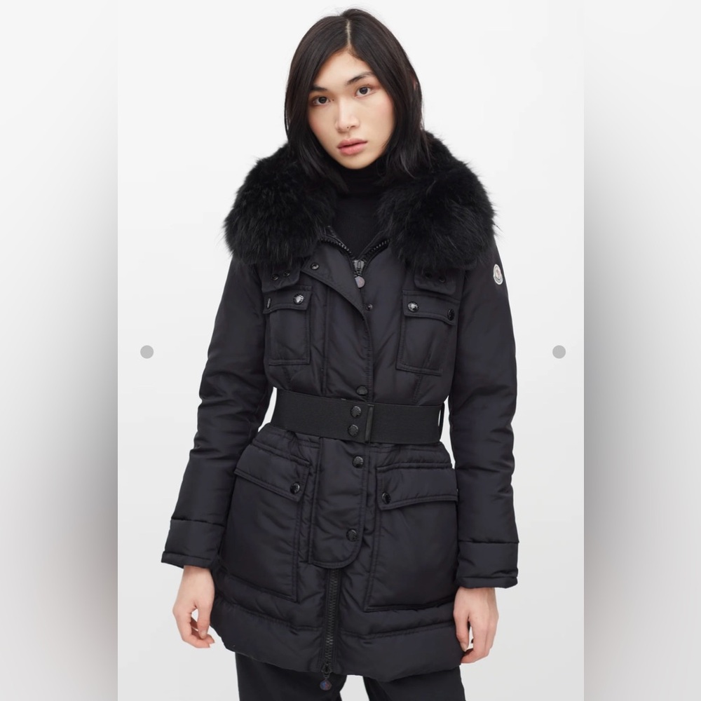 Authentic Moncler Black Loup Fur Collar Belted Down Jacket S